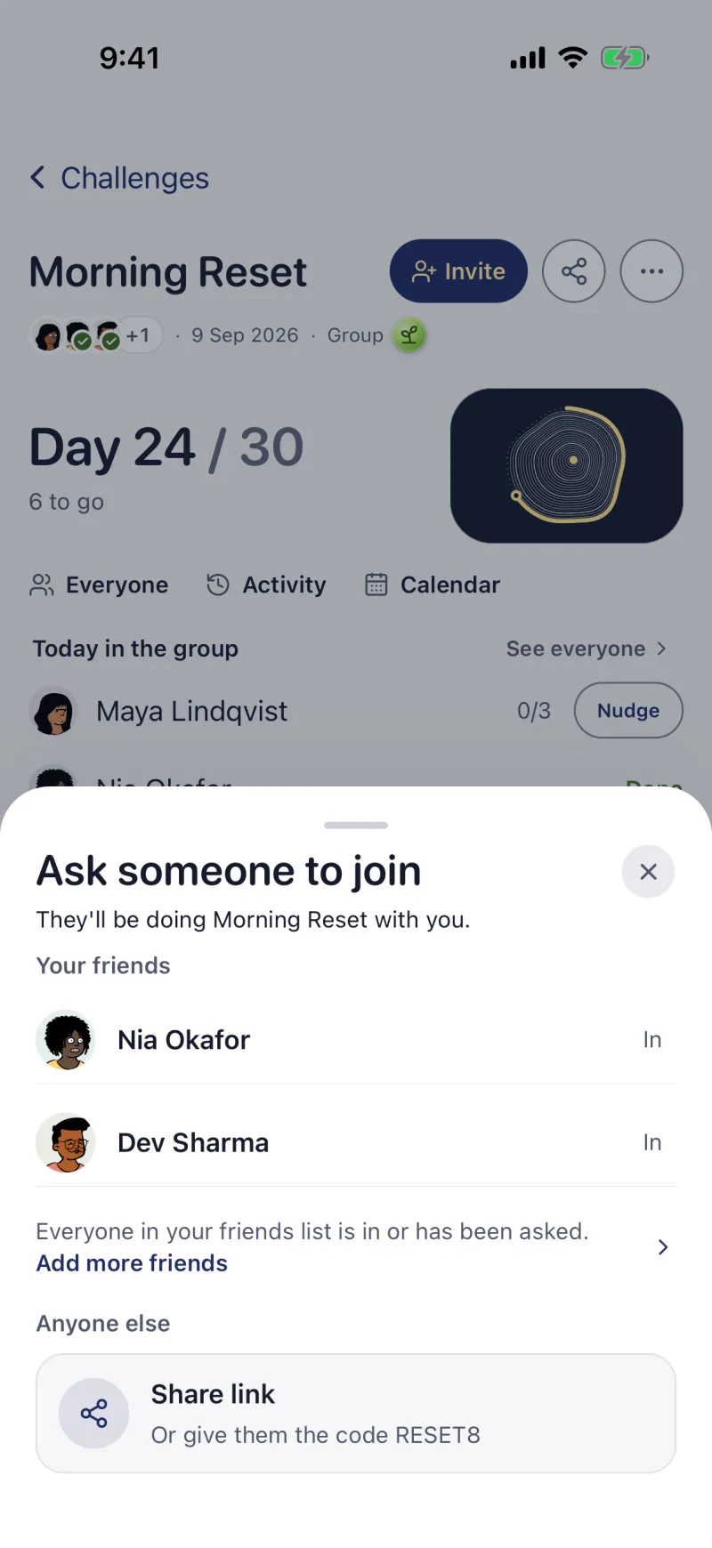 Ask someone to join: friends who are in, a share link, or the code