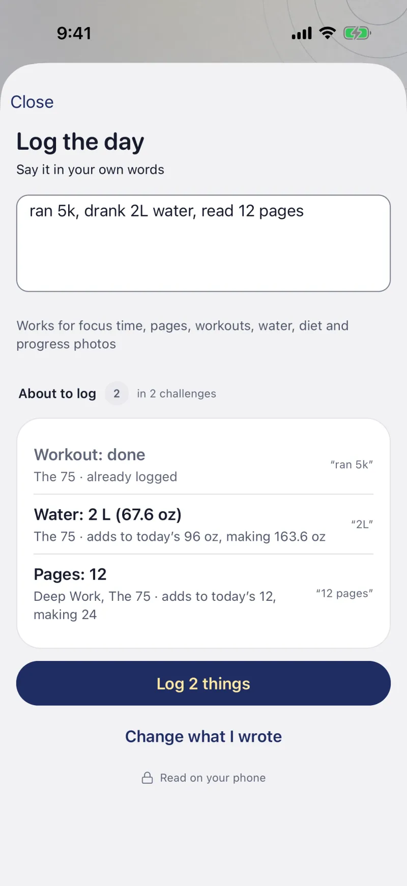 Quick log read on the phone: a workout, water and pages, ready to log