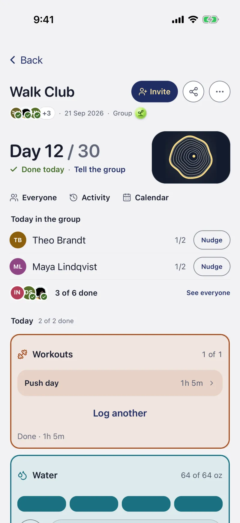 Walk Club with six people: Theo and Maya half done, 3 of 6 done