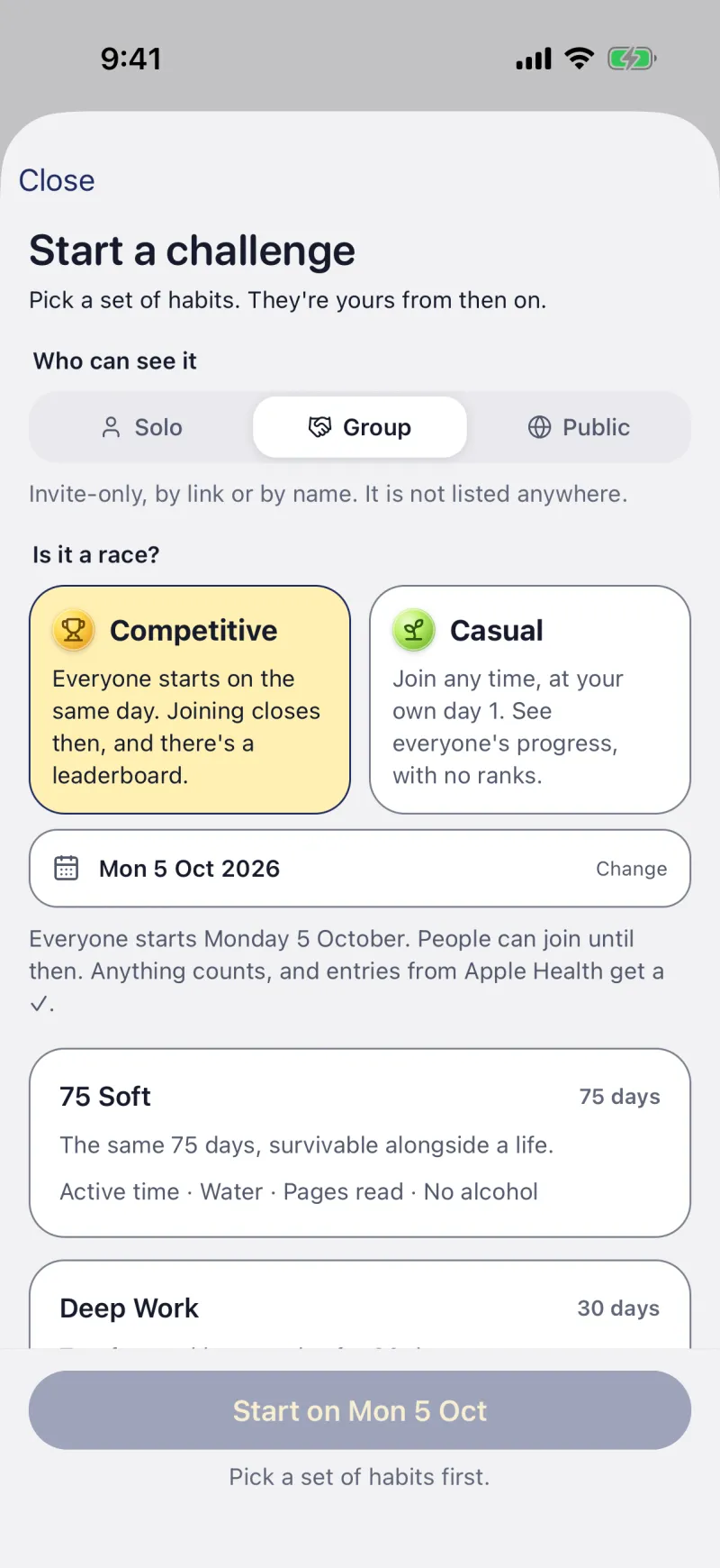 Starting a challenge: Group, and Competitive or Casual