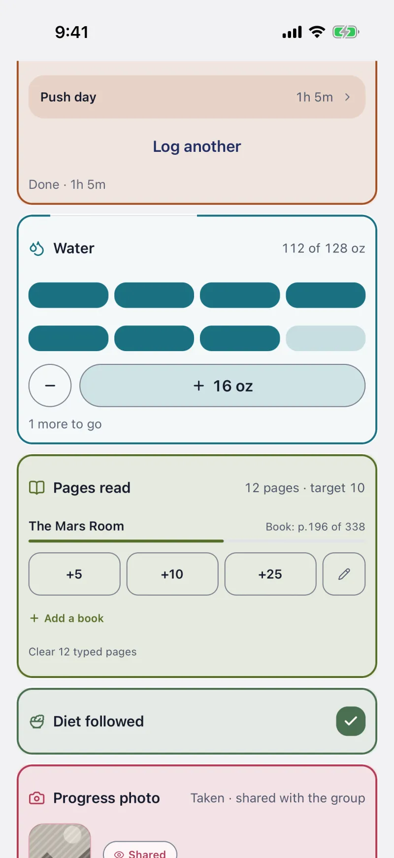 The Water card filling, with Pages read and Diet below it